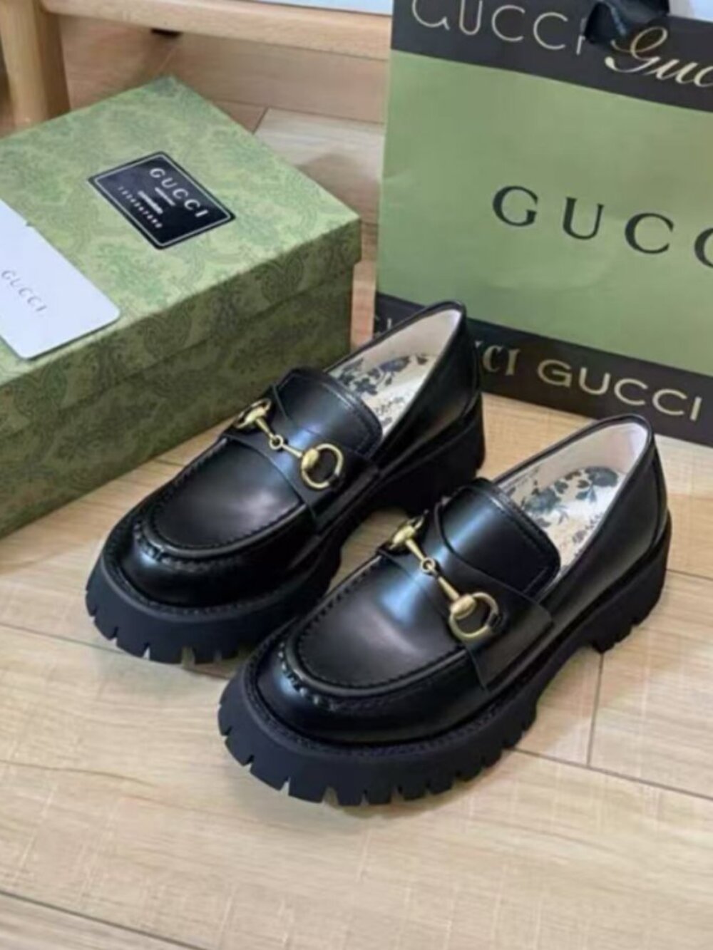 Gucci Black Leather Lug Sole Loafers